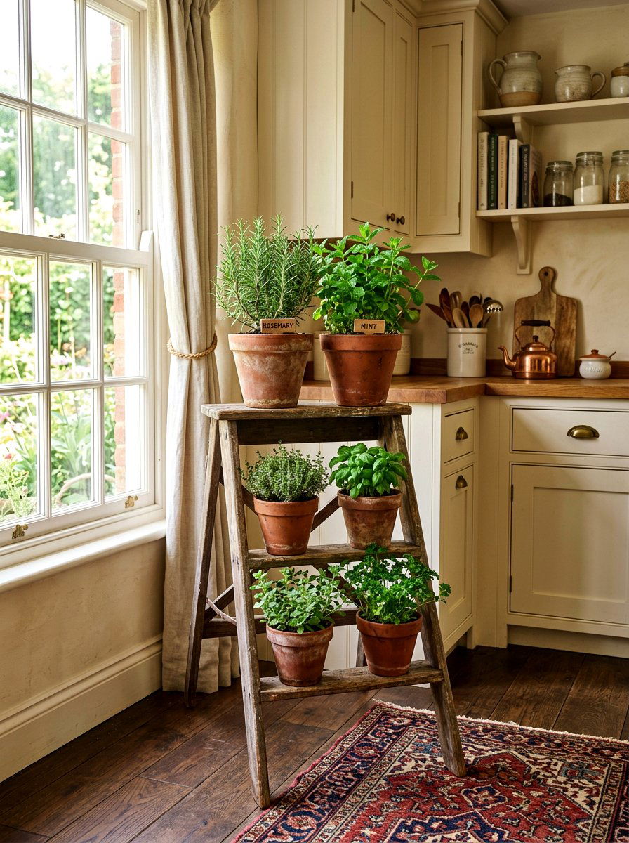 Tiered Wood Herb Ladder - 30 indoor herb shelf ideas