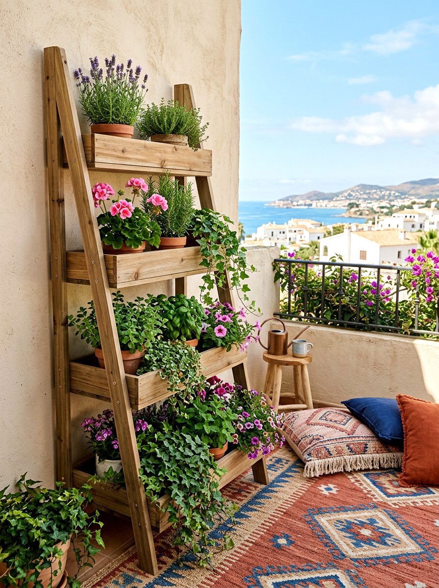 Tiered Wood Ladder Planters - 30 balcony privacy planter ideas