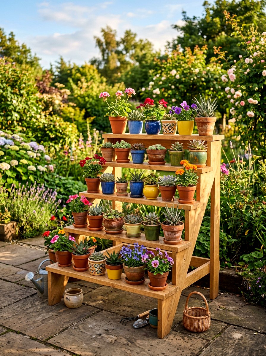 Tiered Wood Plant Stand - 30 small planter ideas