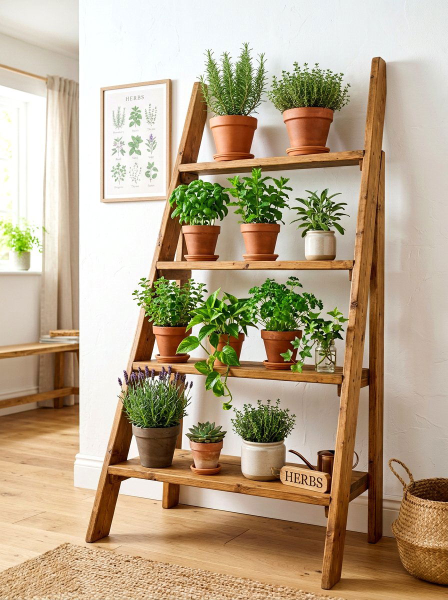 Tiered Wood Staircase Shelf - 30 stair landing plant nook ideas