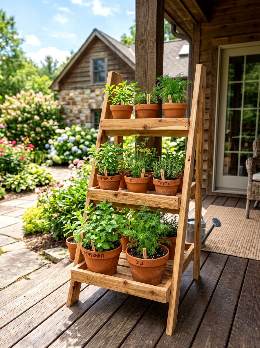 Tiered Wood Stand - 30 herb rich backyard ideas