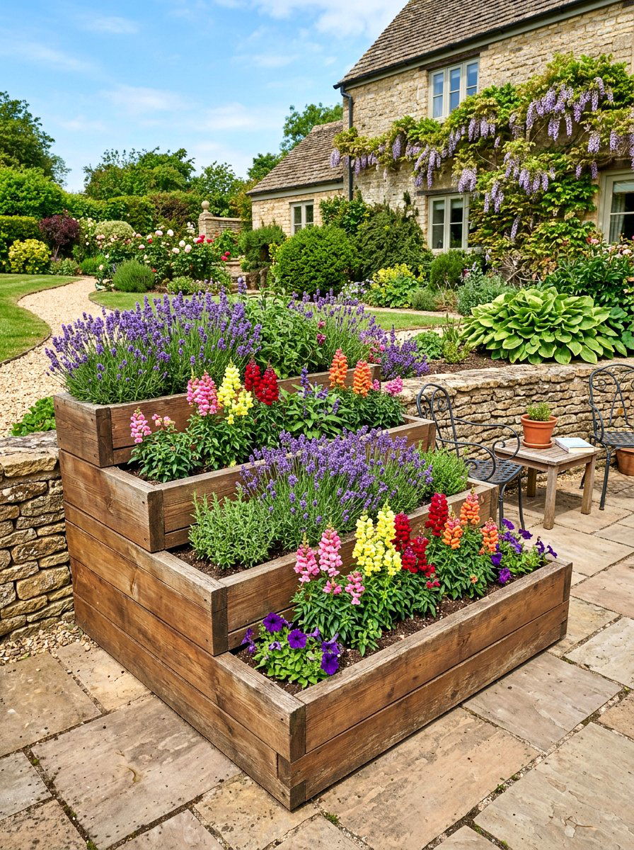 Tiered Wooden Box Garden - 30 vertical garden privacy wall ideas