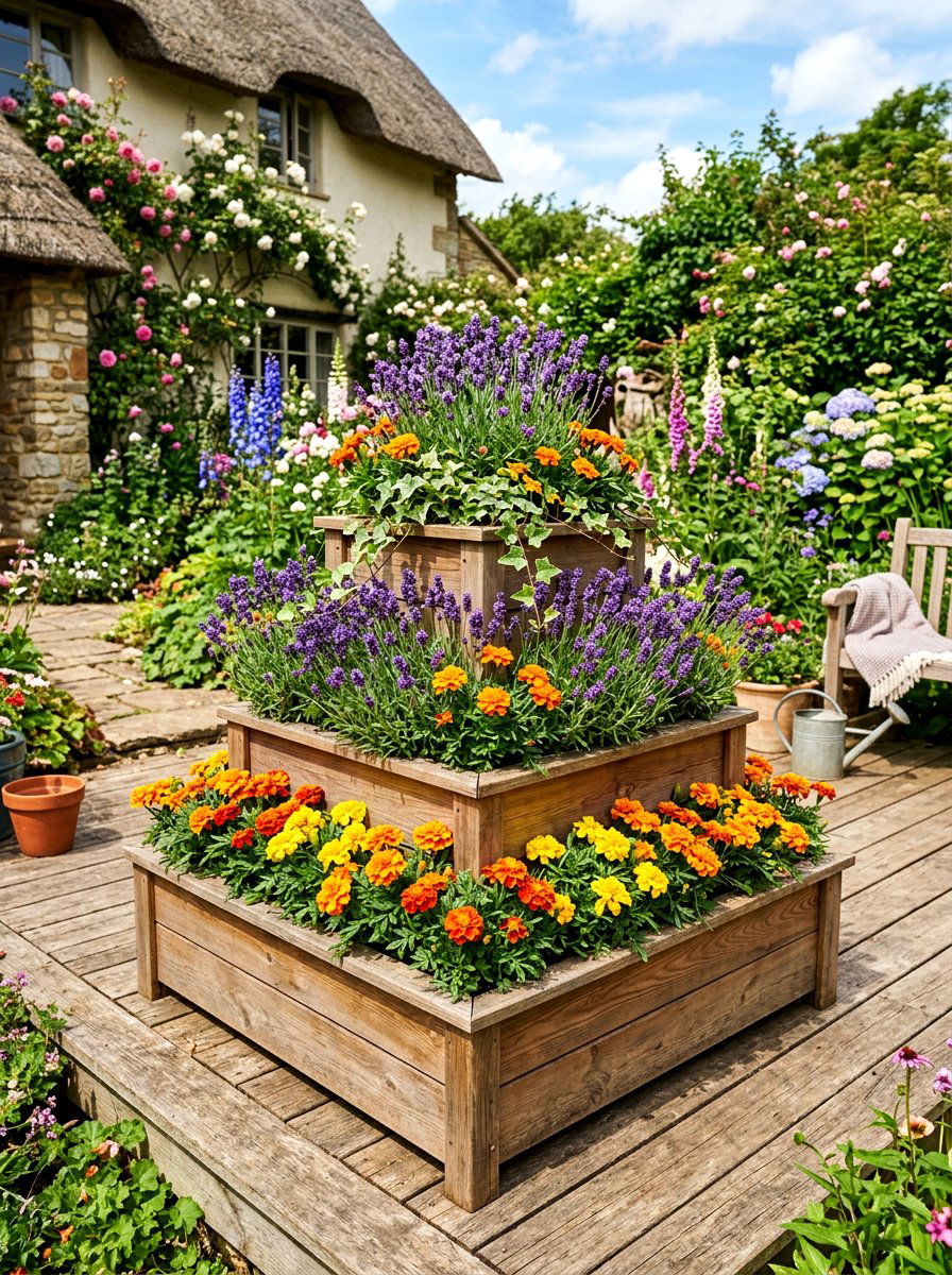 Tiered Wooden Flower Box - 30 backyard planter ideas