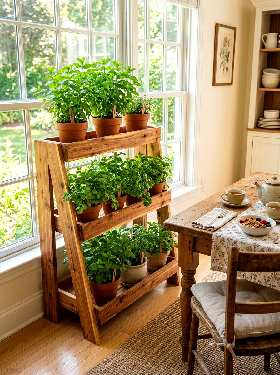 Tiered Wooden Herb Garden Stand - 30 herb garden shelf ideas