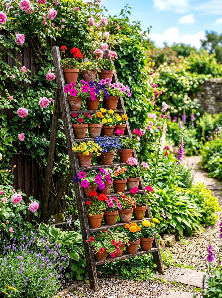 Tiered Wooden Ladder - 30 fence planter ideas