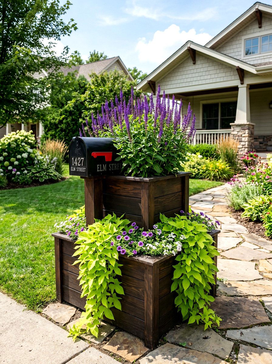 Tiered Wooden Mailbox Planter - 30 mailbox flower bed ideas