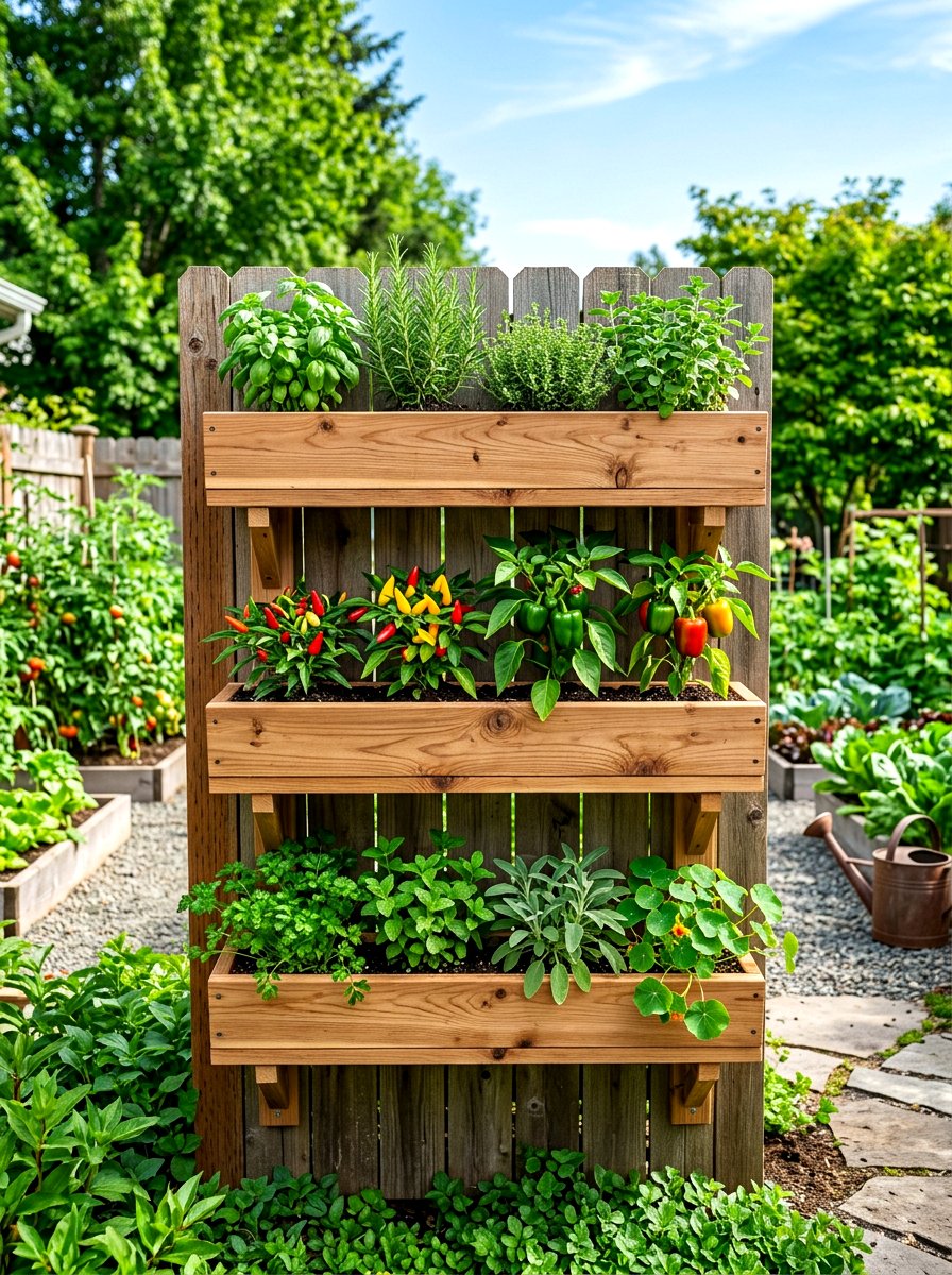 Tiered Wooden Planter Box - 30 fence vertical garden ideas