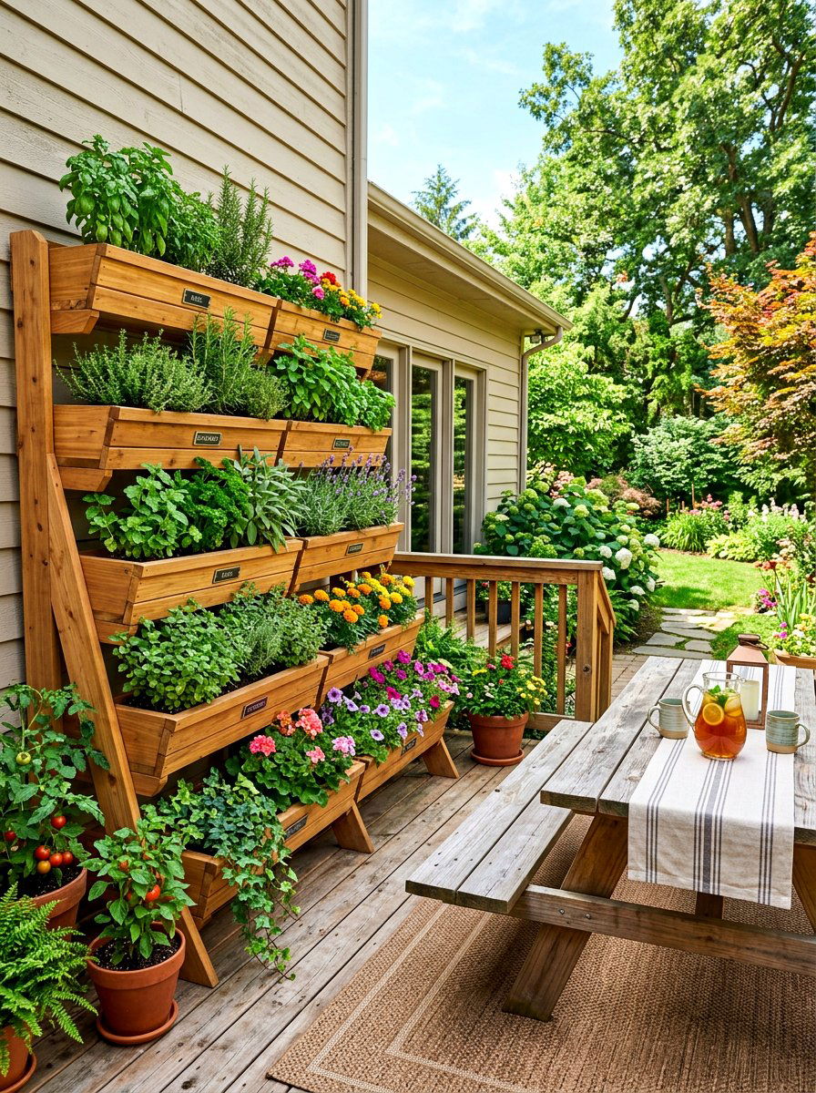 Tiered Wooden Wall Garden - 30 green wall ideas