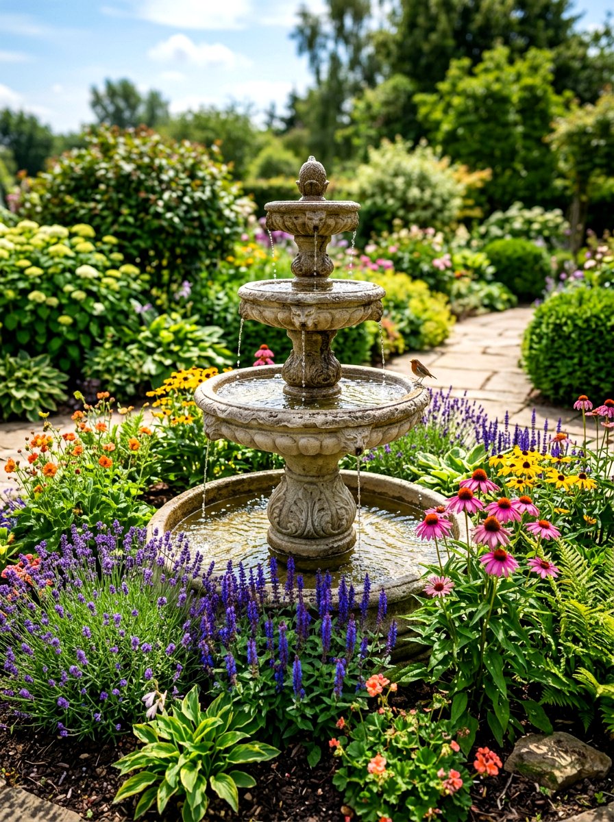 Tiered bird bath fountain - 30 bird friendly backyard landscaping ideas