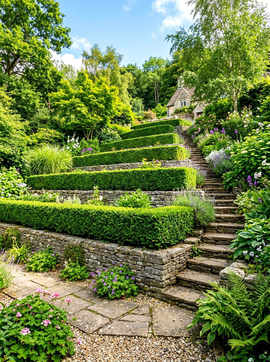 Tiered boxwood wall - 30 boxwood front yard ideas