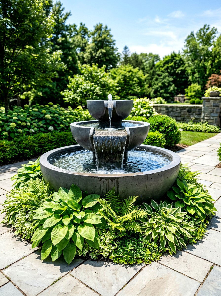 Tiered concrete fountain - 30 courtyard fountain garden ideas