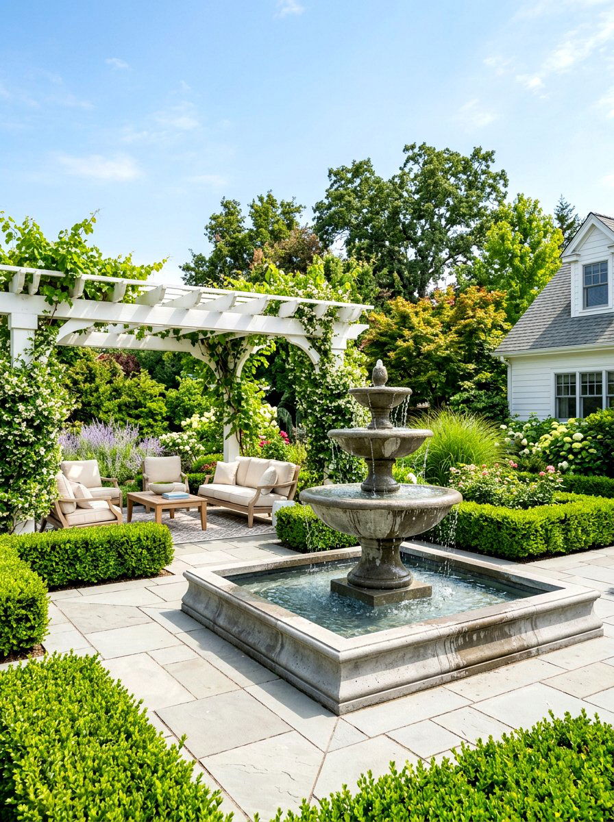 Tiered concrete fountain - 30 courtyard fountain ideas