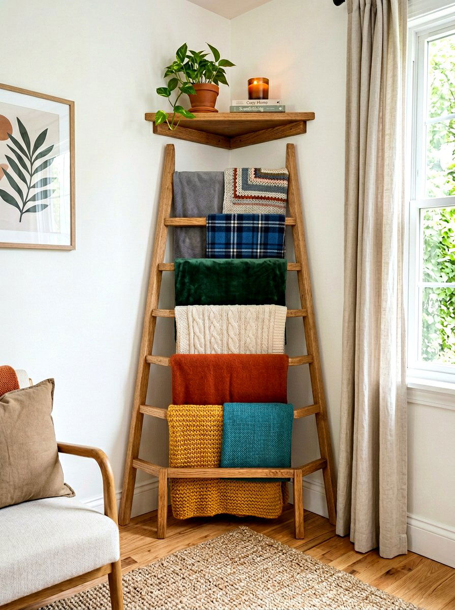 Tiered corner blanket ladder - 30 corner ladder blanket ideas