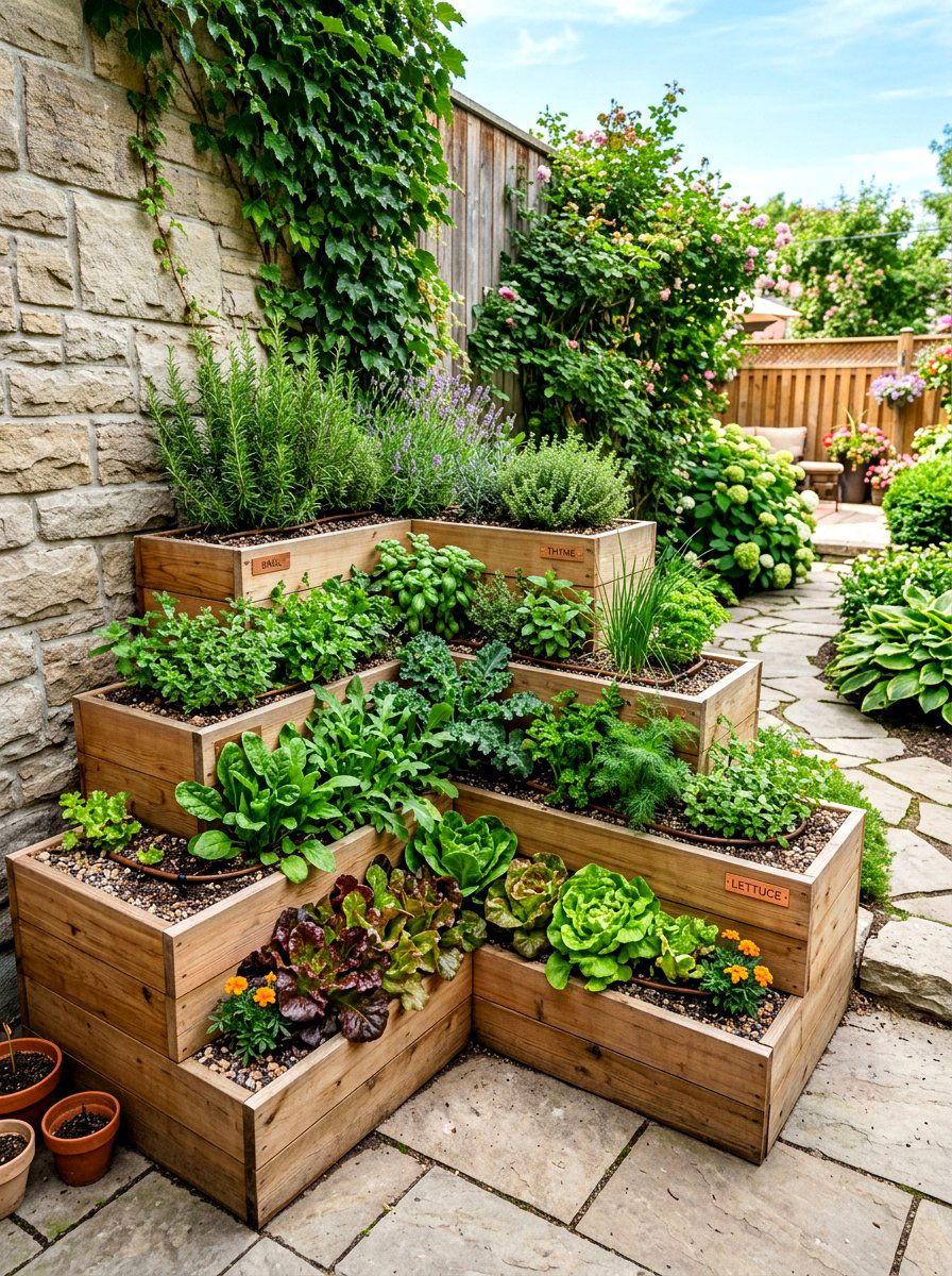 Tiered corner garden beds - 30 raised vegetable garden ideas