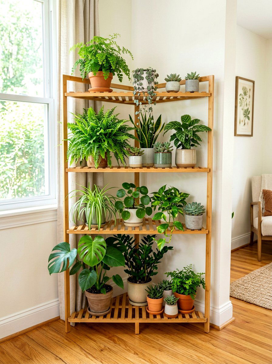 Tiered corner plant rack - 30 office plant corner ideas
