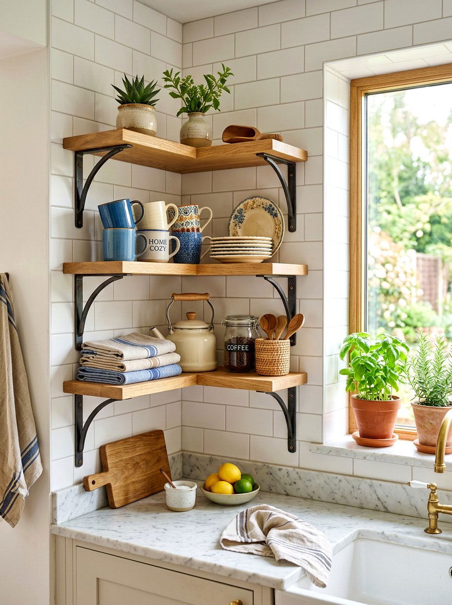Tiered corner shelf - 30 apartment kitchen storage ideas