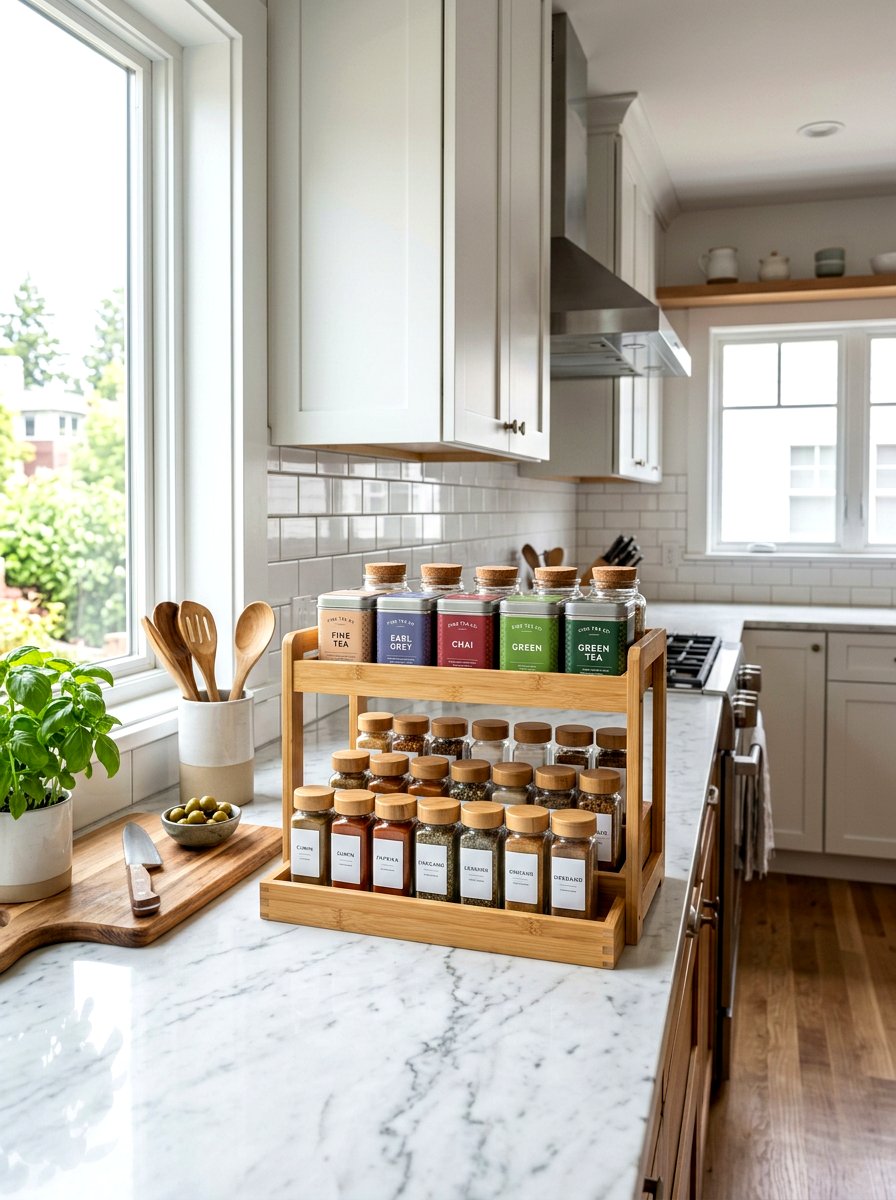 Tiered countertop shelf - 30 tiny kitchen open shelf ideas