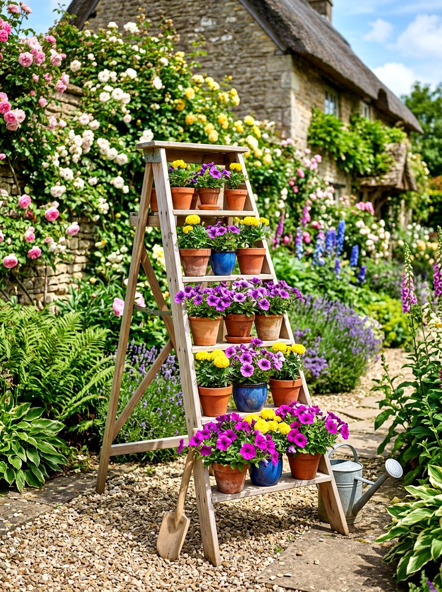 Tiered flower ladder - 30 porch corner decor ideas