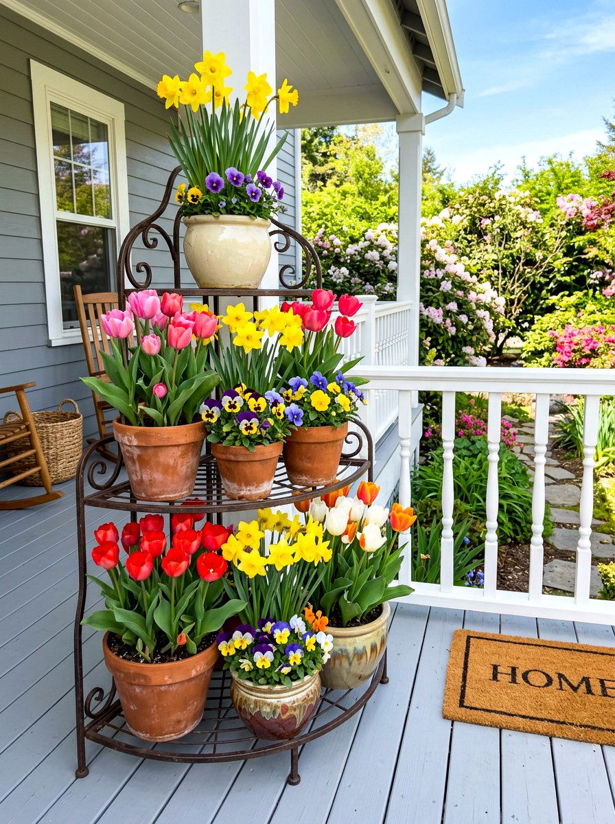Tiered flower pot arrangement - 30 spring porch layering ideas