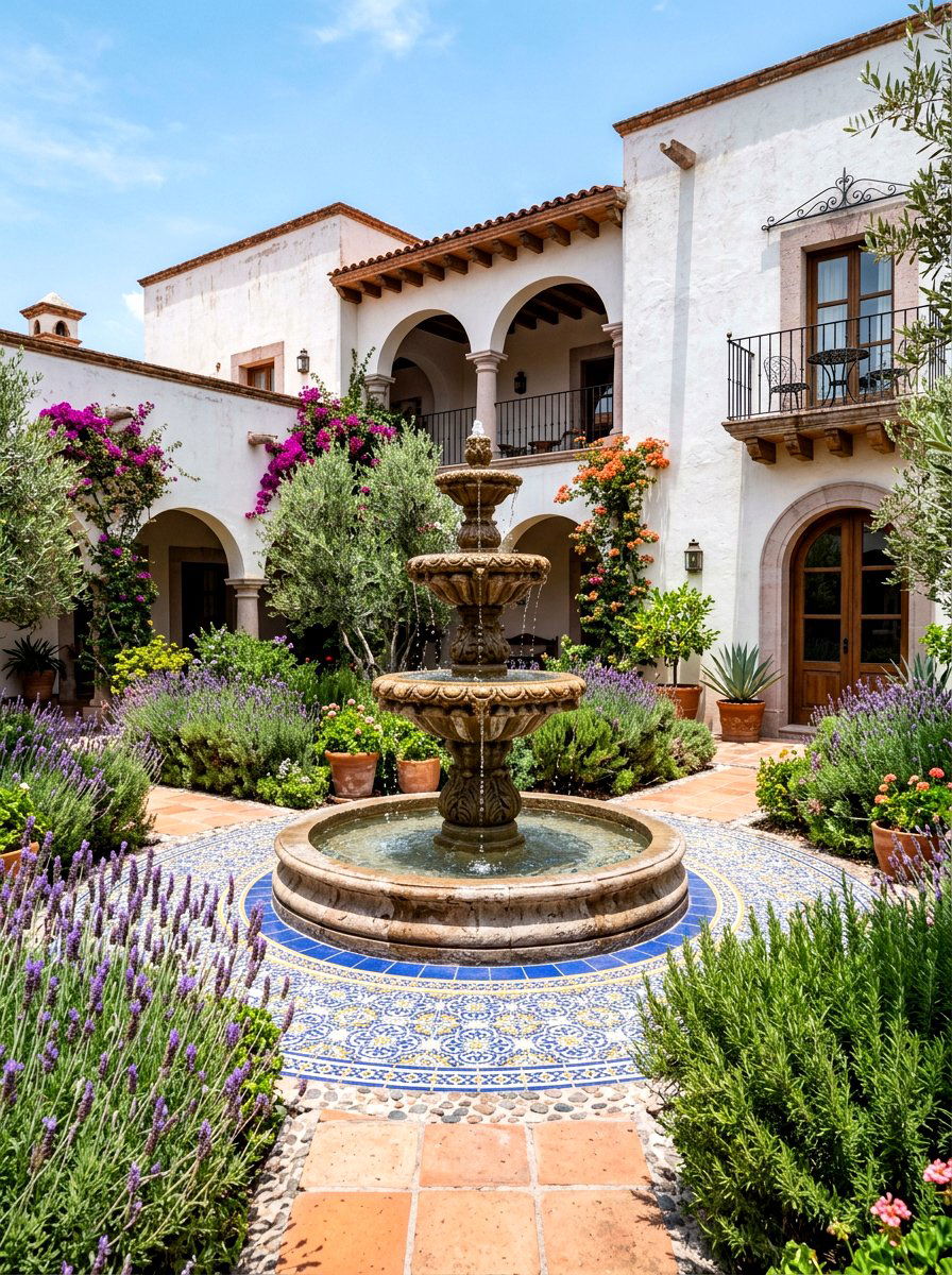 Tiered fountain courtyard - 30 Mediterranean front courtyard ideas