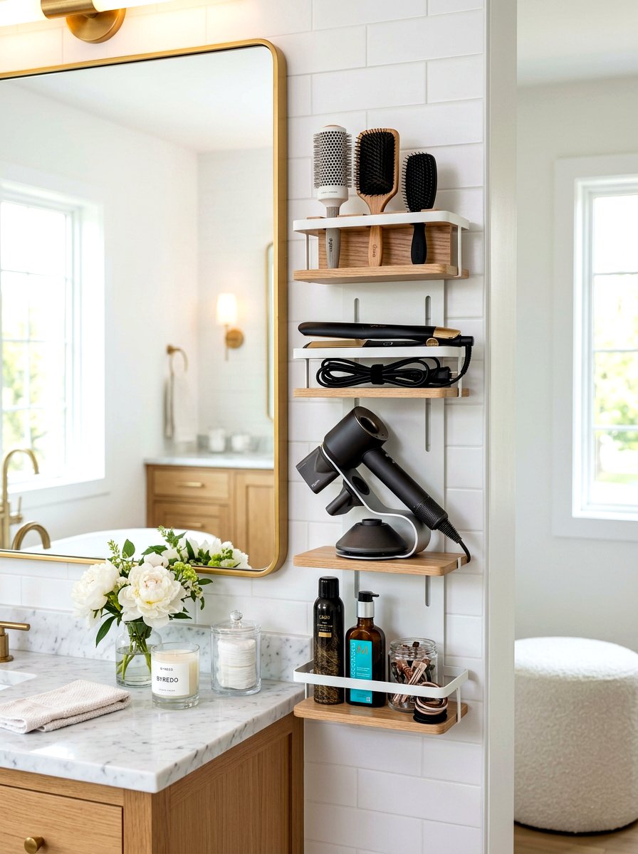 Tiered hair tool shelf - 30 hair tool storage ideas