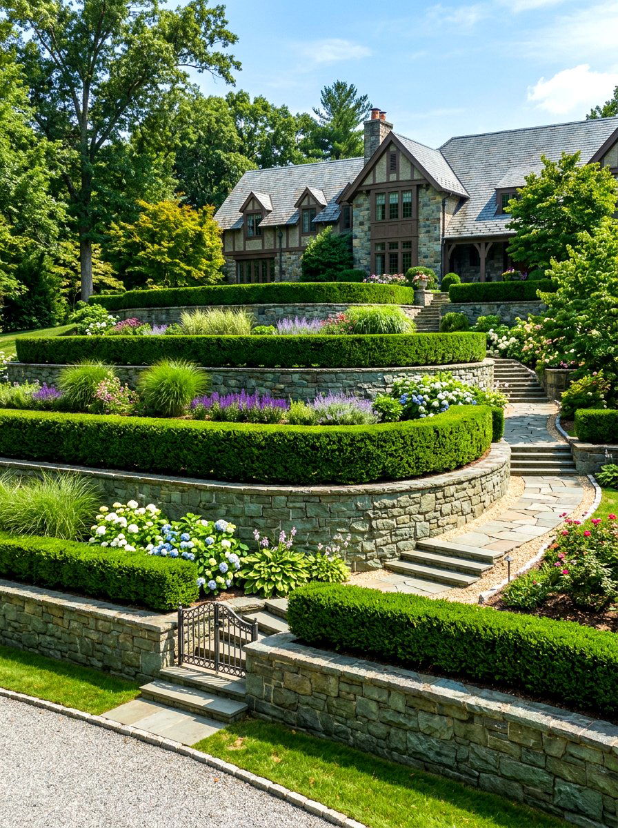 Tiered hedge terrace - 30 formal front garden ideas