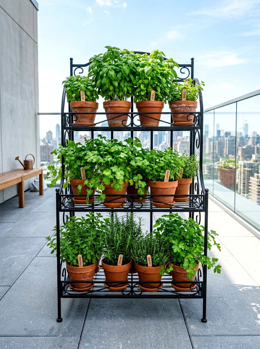 Tiered herb garden rack - 30 rooftop herb garden ideas