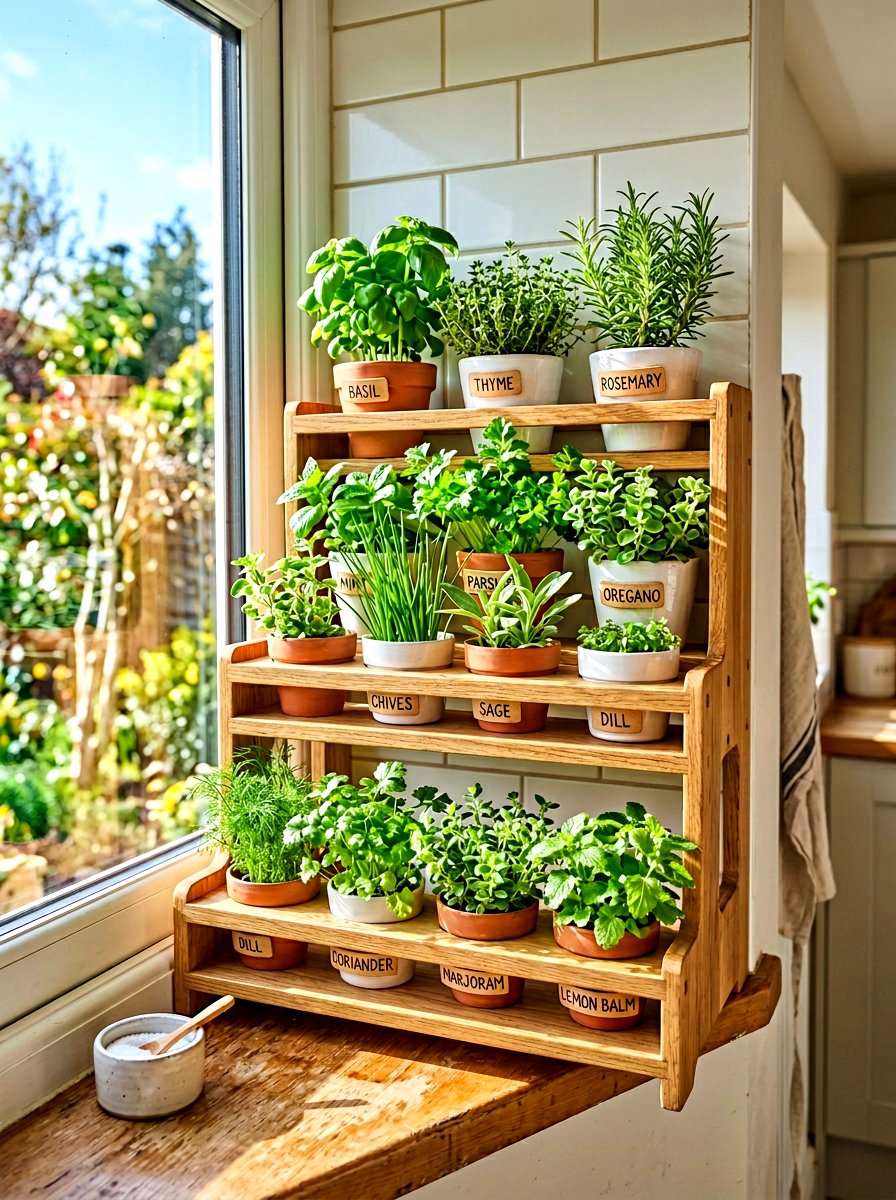Tiered herb shelf - 30 windowsill herb garden ideas