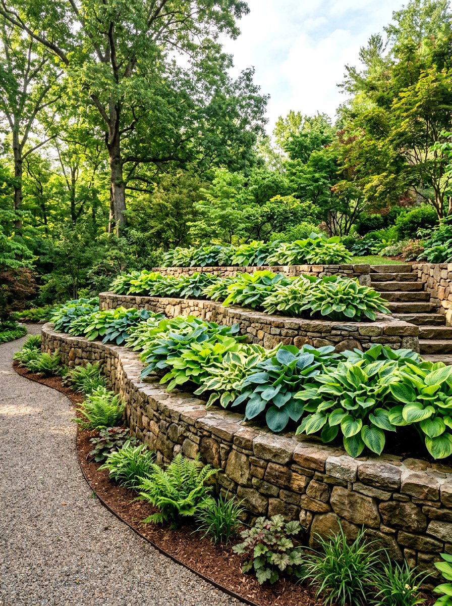 Tiered hosta retaining wall - 30 hosta border ideas