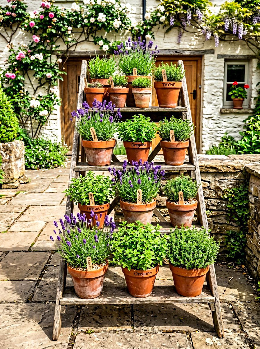 Tiered ladder plant stand - 30 backyard herb garden ideas
