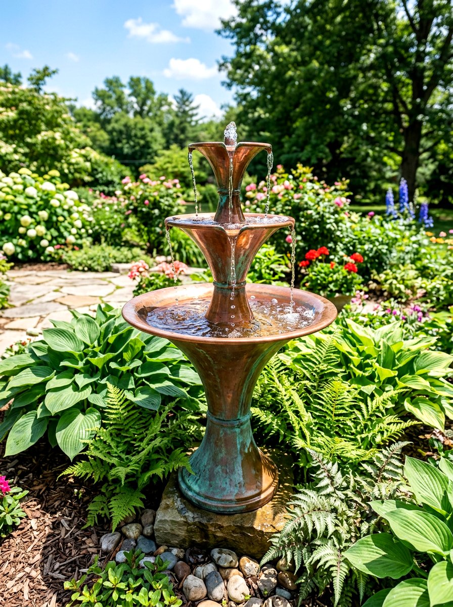 Tiered metal fountain - 30 front yard water feature ideas