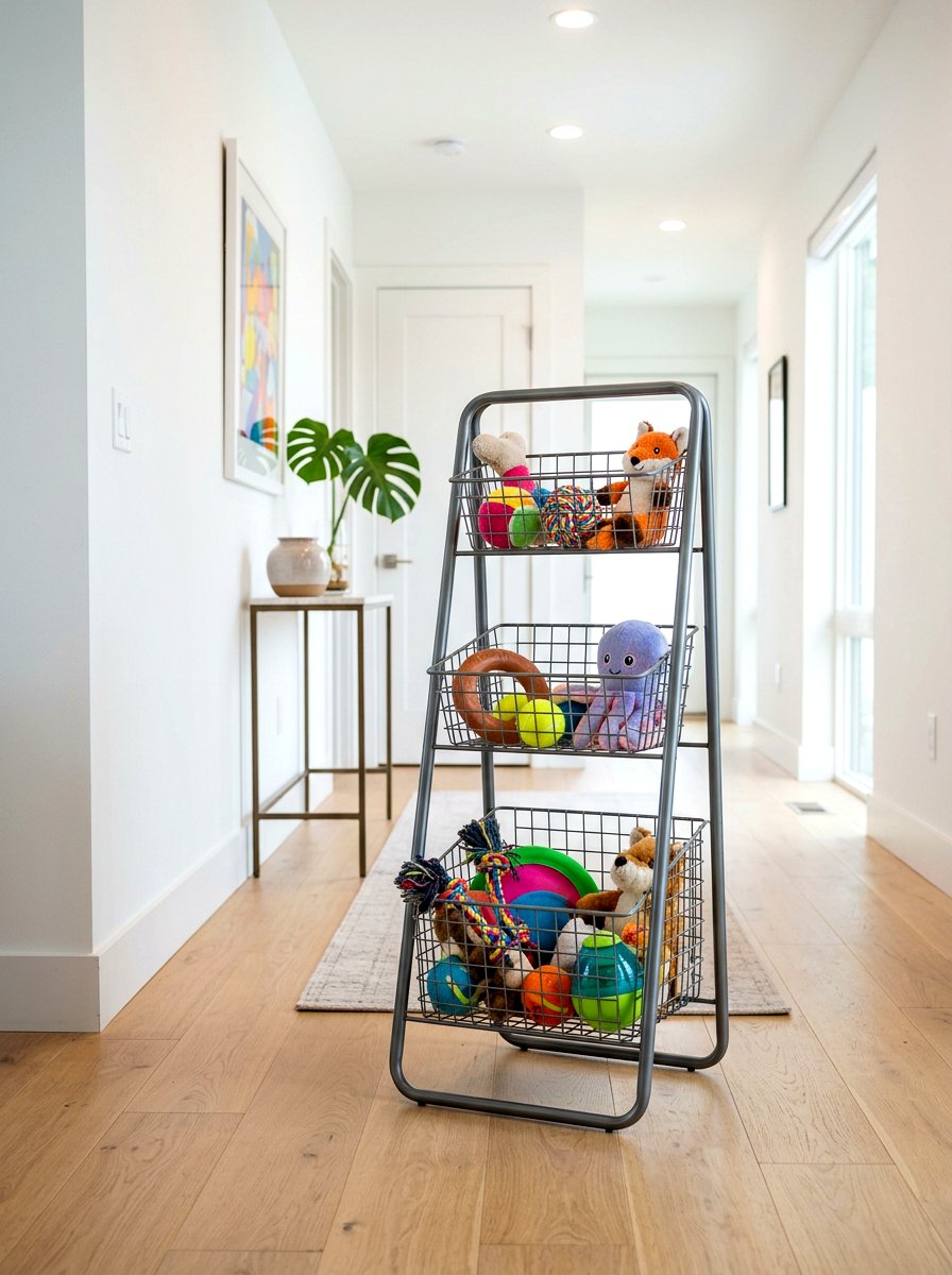 Tiered metal pet toy stand - 30 pet toy basket ideas