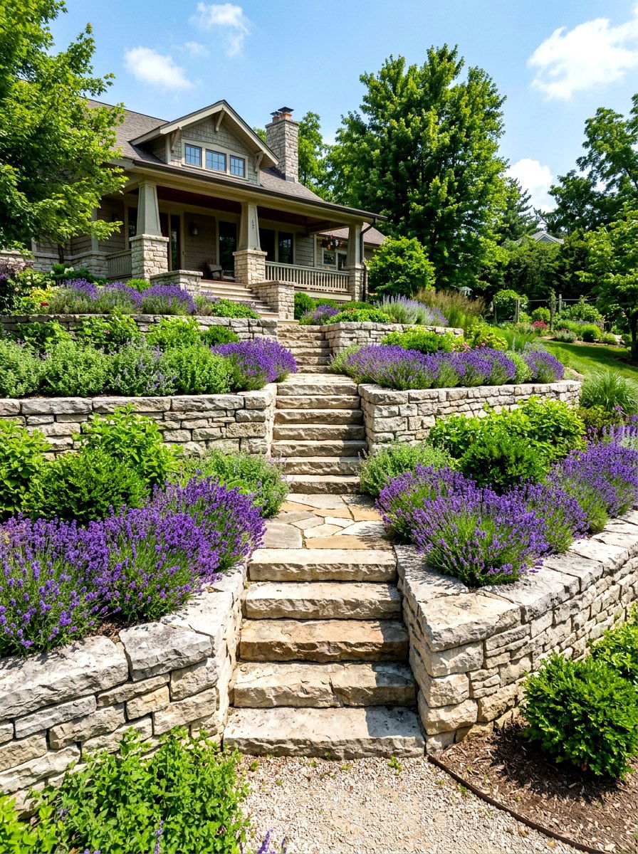Tiered natural stone terrace - 30 quiet luxury curb appeal ideas
