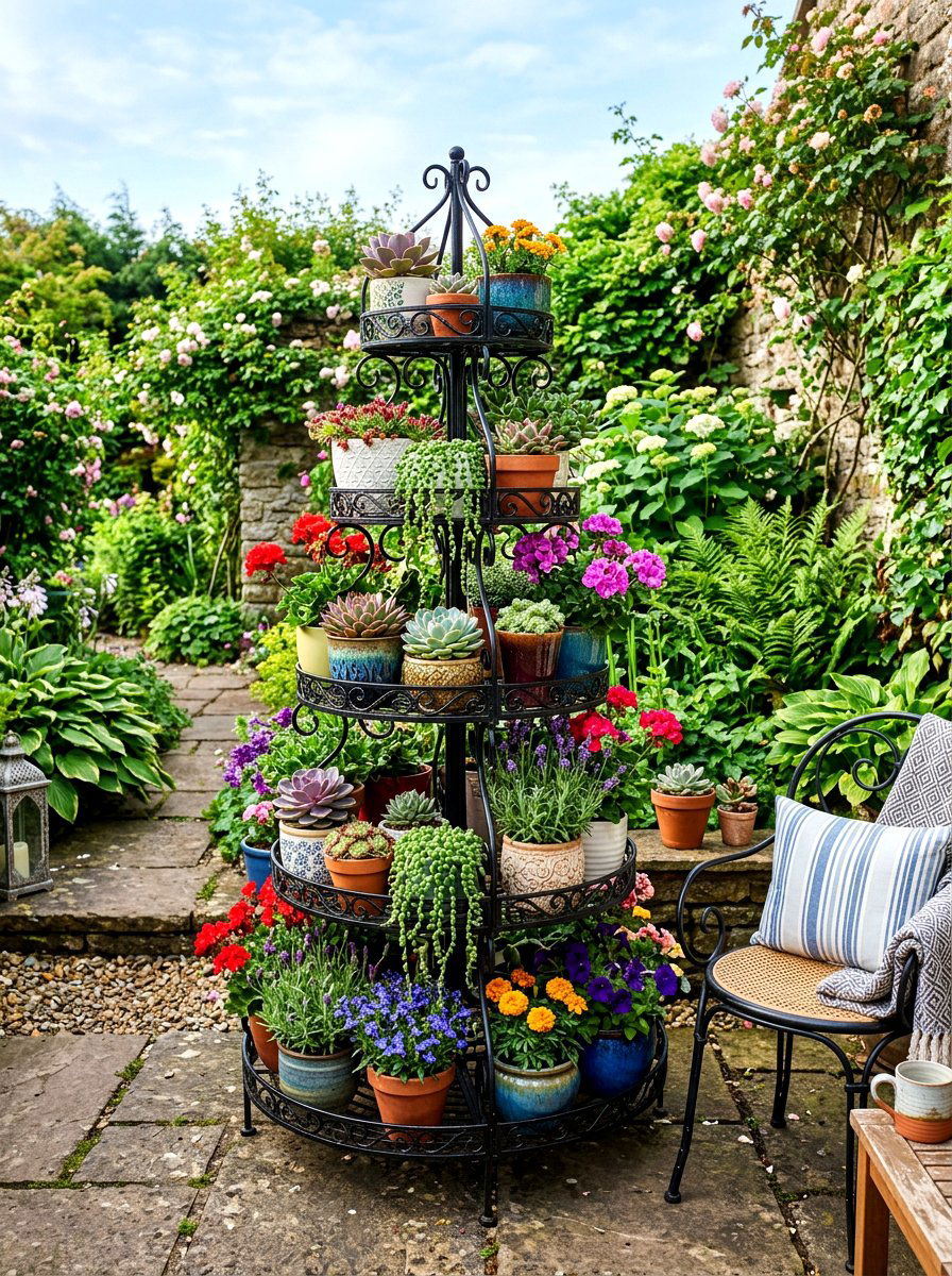 Tiered plant stand display - 30 apartment patio entertaining ideas