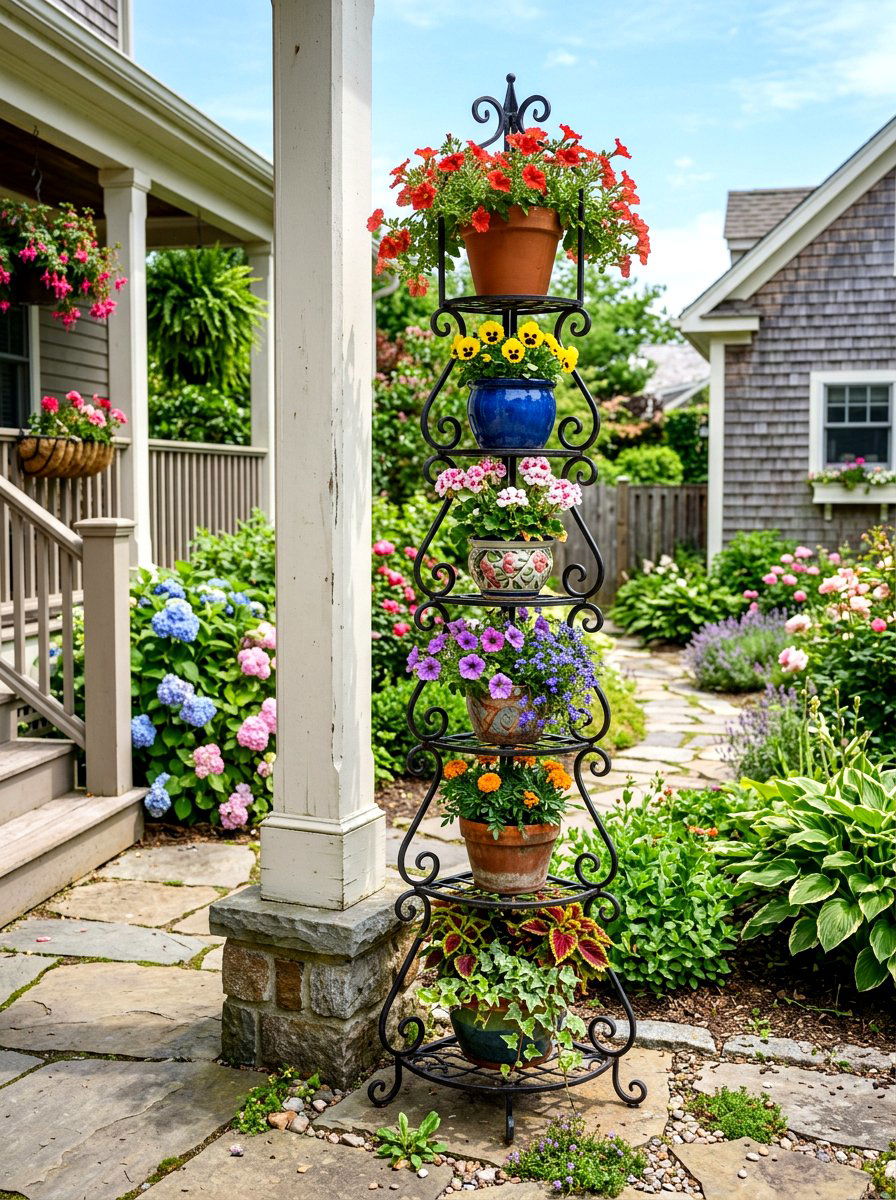 Tiered plant stands - 30 porch container garden ideas