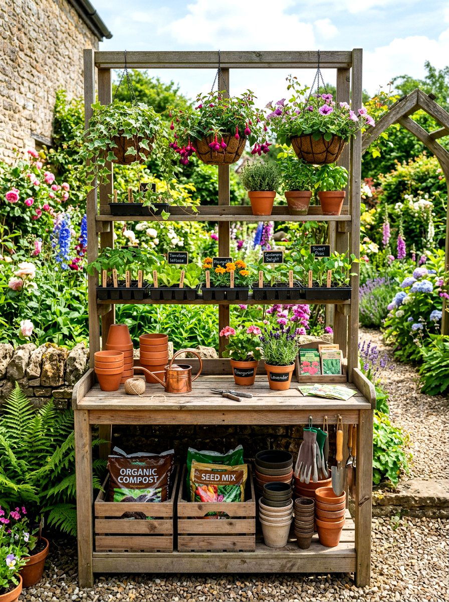 Tiered potting station - 30 potting table greenhouse ideas