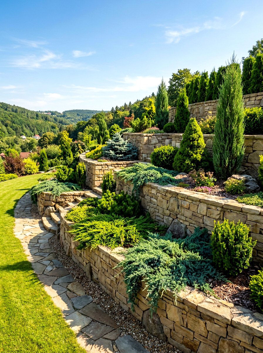 Tiered retaining wall evergreens - 30 evergreen front yard ideas