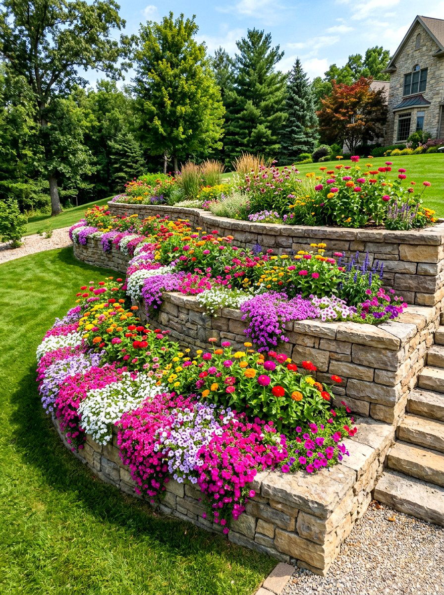 Tiered retaining wall flower bed - 30 flower bed layout ideas