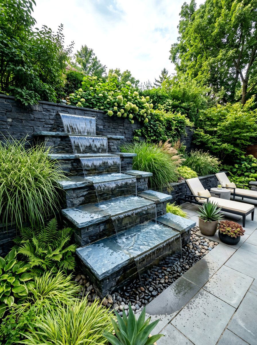 Tiered stone cascade - 30 pondless waterfall ideas