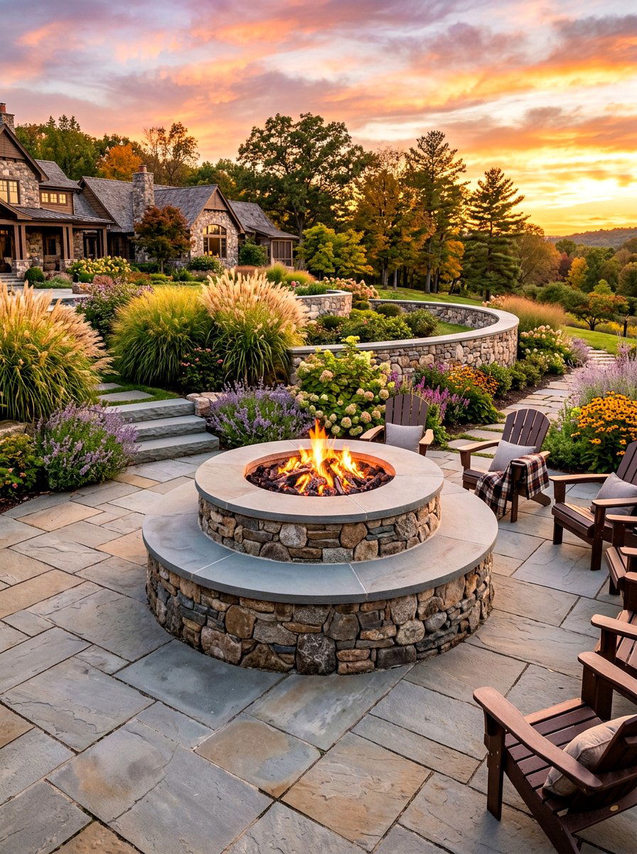 Tiered stone fire pit - 30 patio fire pit ideas