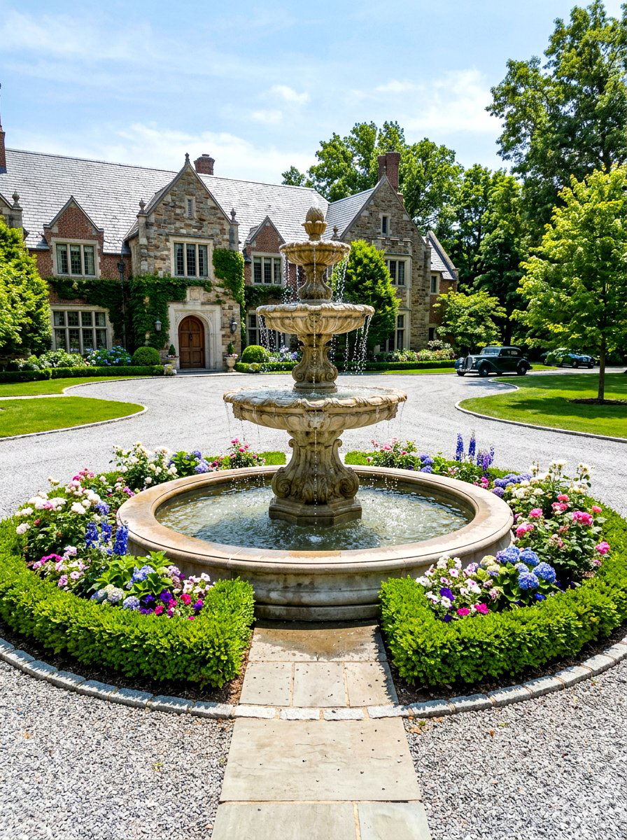 Tiered stone fountain - 30 front yard water feature ideas
