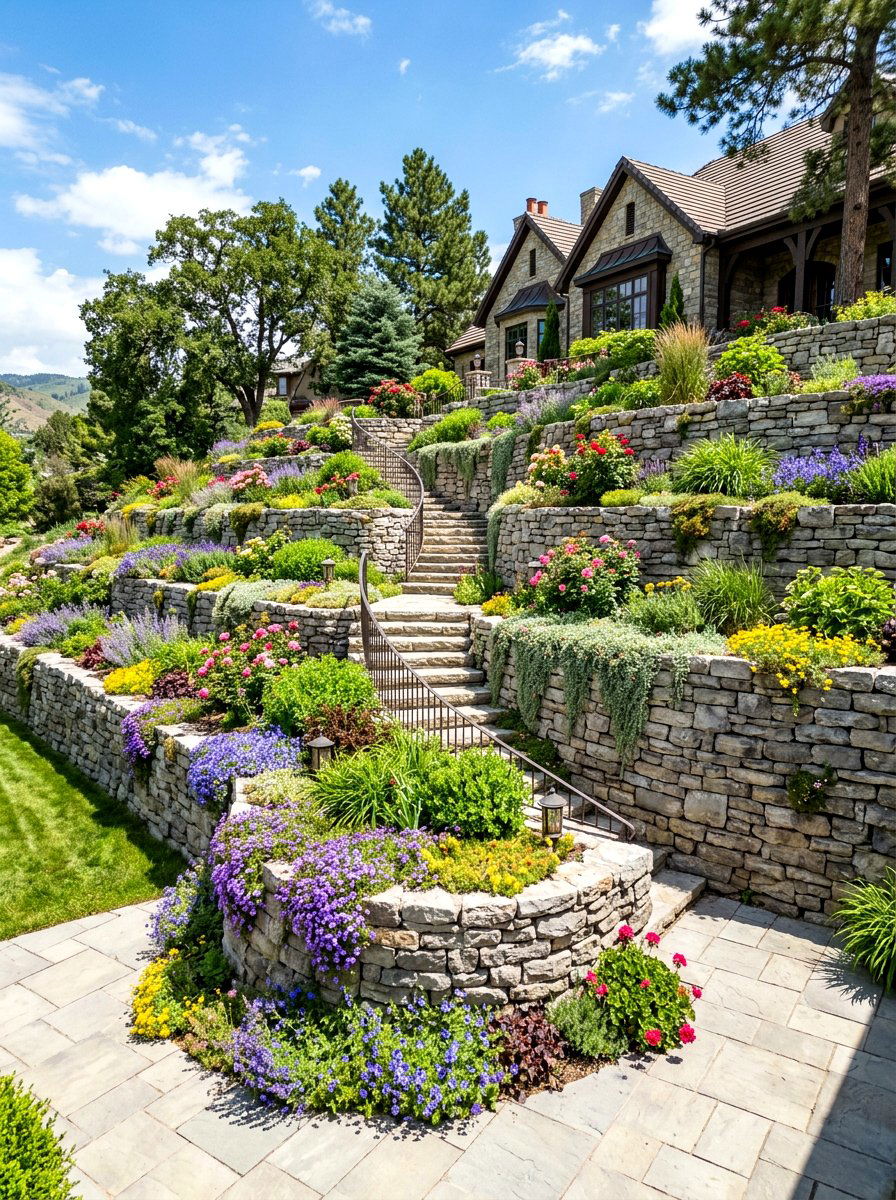 Tiered stone terraced garden - 30 stone edging front yard ideas