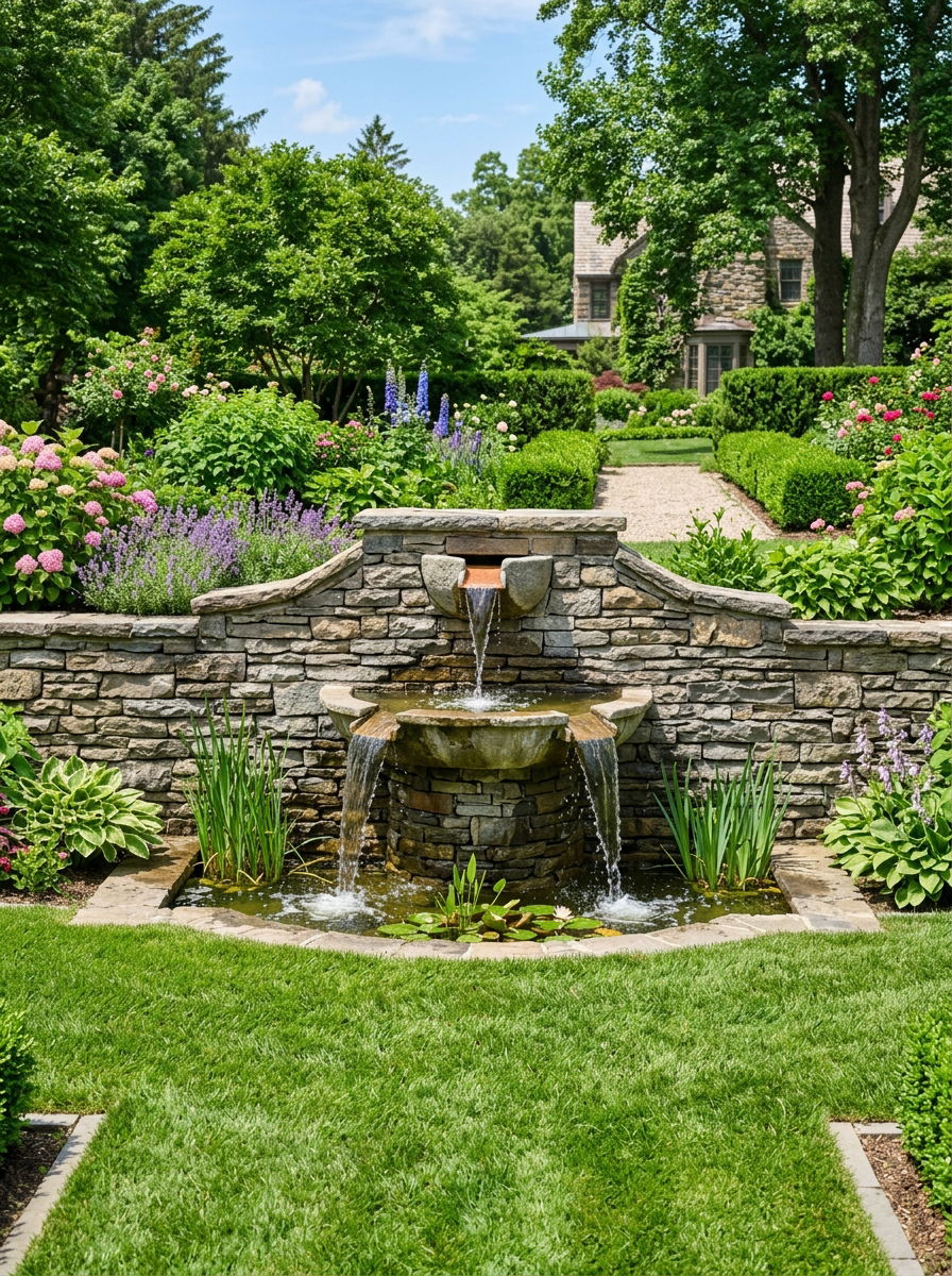 Tiered stone wall fountain - 30 wall fountain ideas