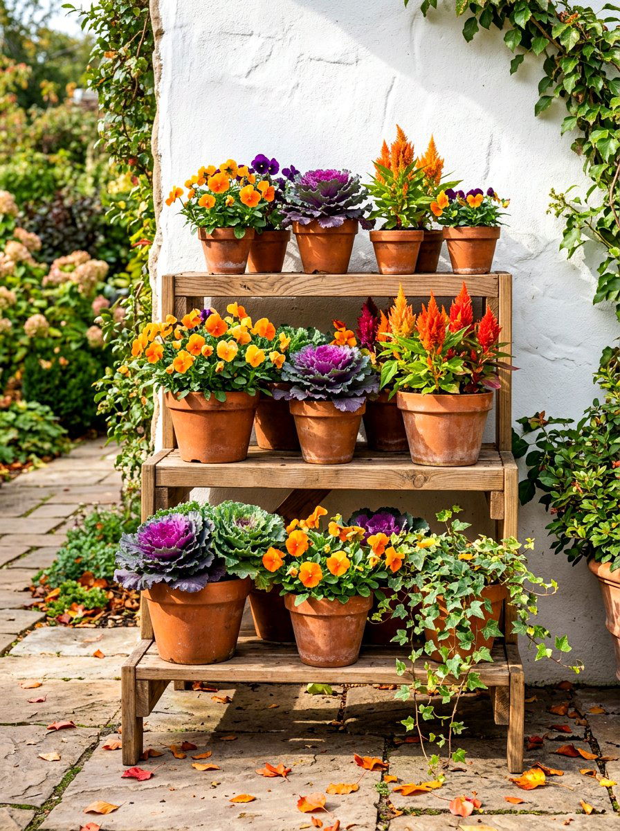 Tiered terracotta fall plant stand - 30 autumn planter ideas