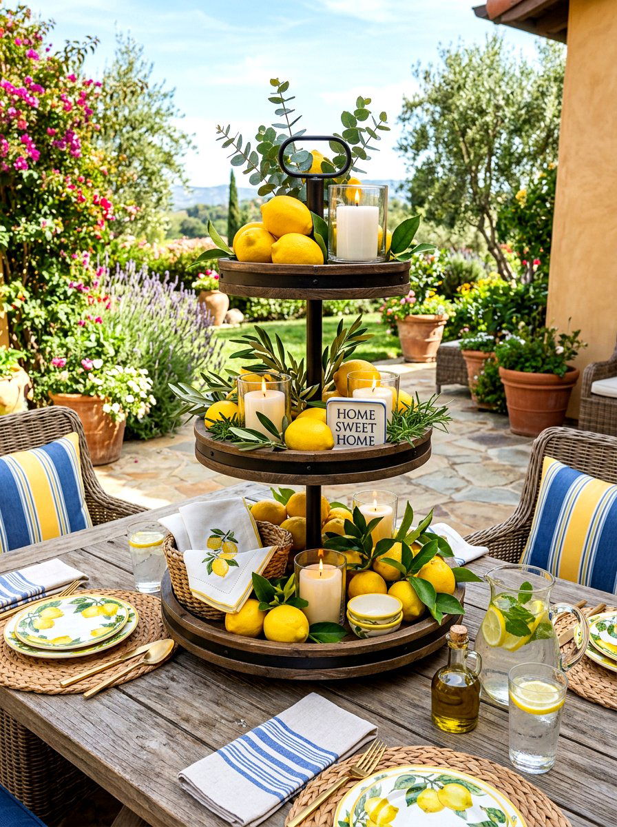 Tiered tray citrus decor - 30 lemonade patio party ideas