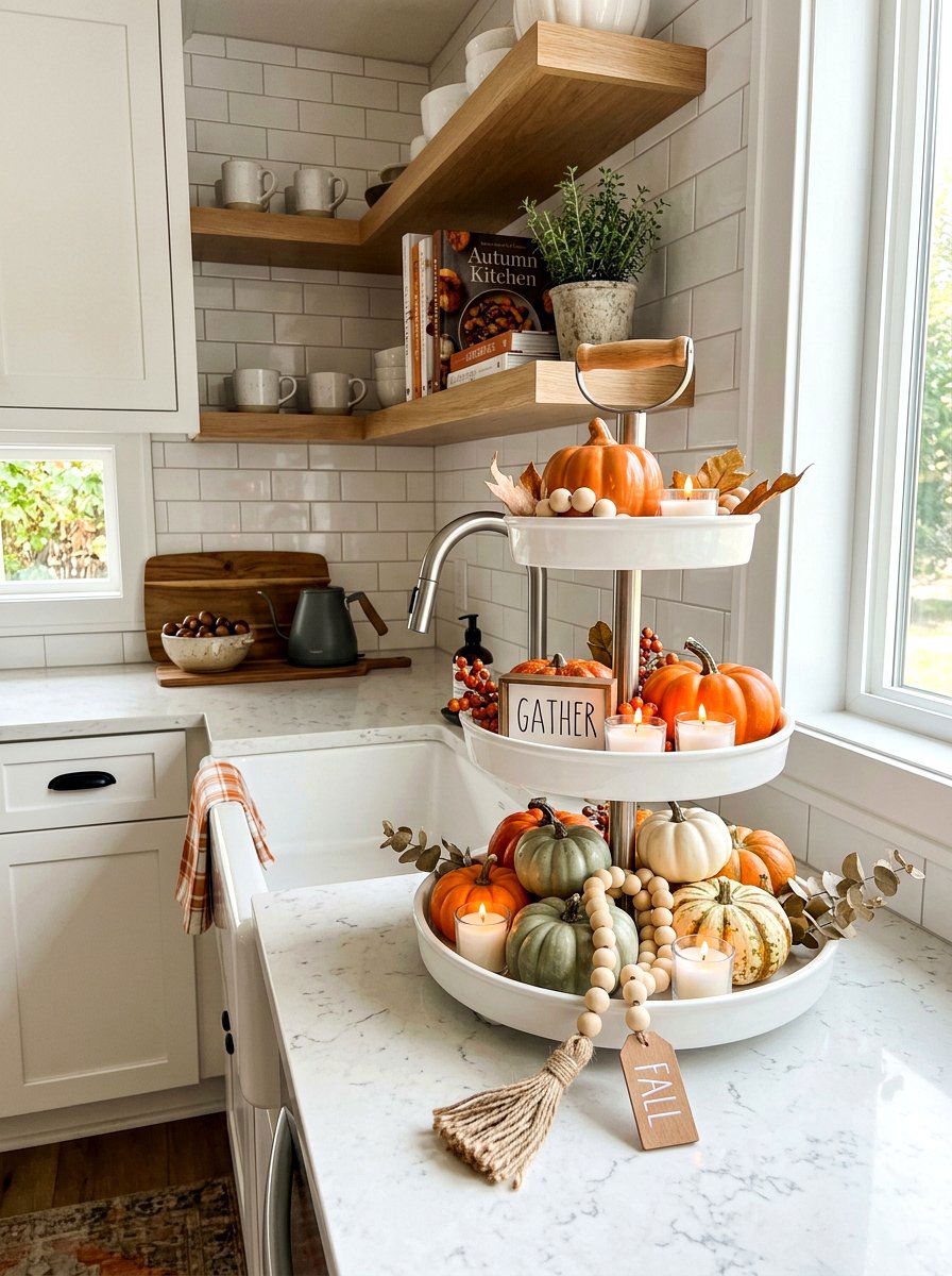 Tiered tray fall candle arrangement - 30 candle heavy fall decor ideas