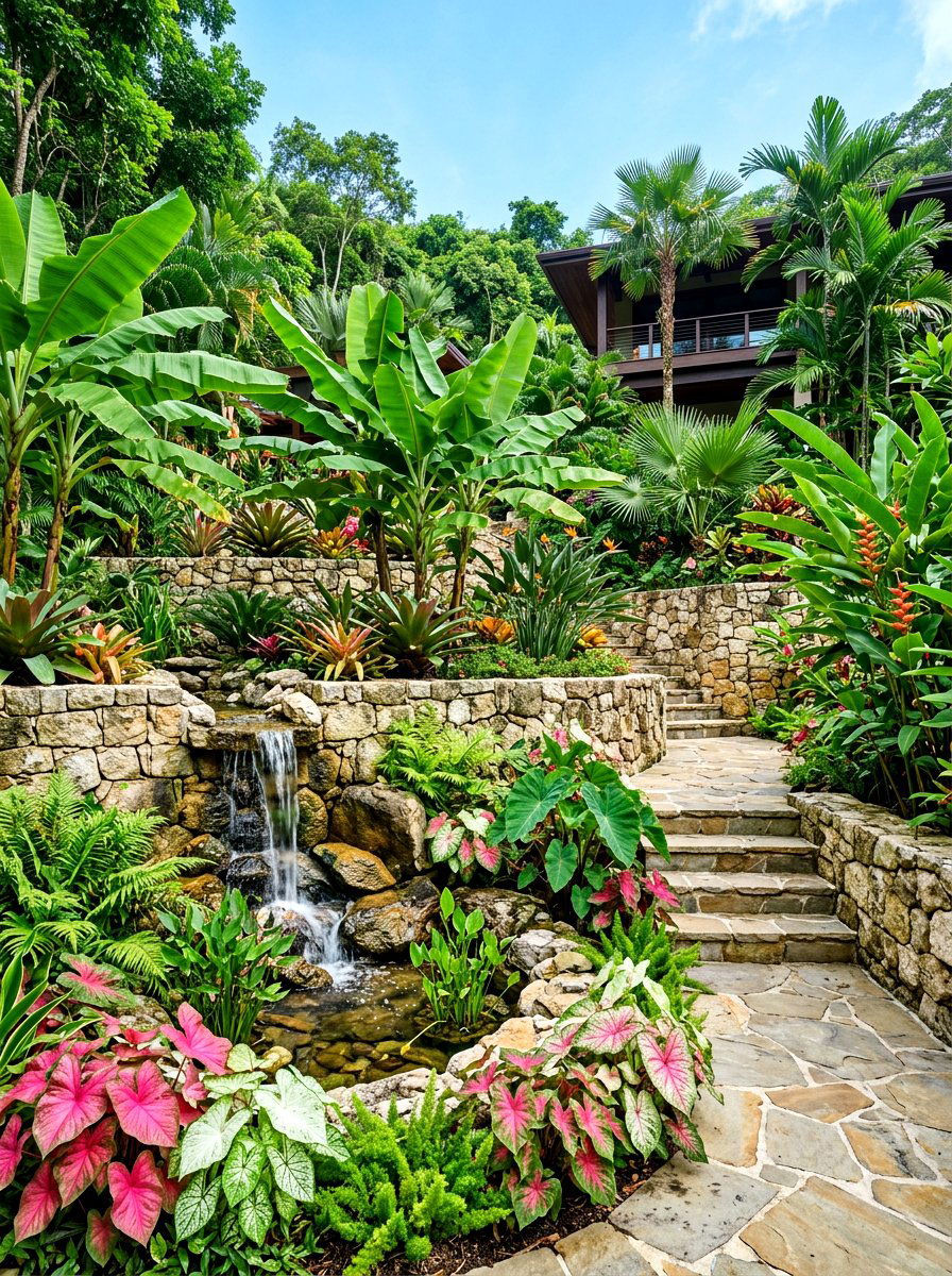 Tiered tropical garden - 30 tropical backyard landscaping ideas