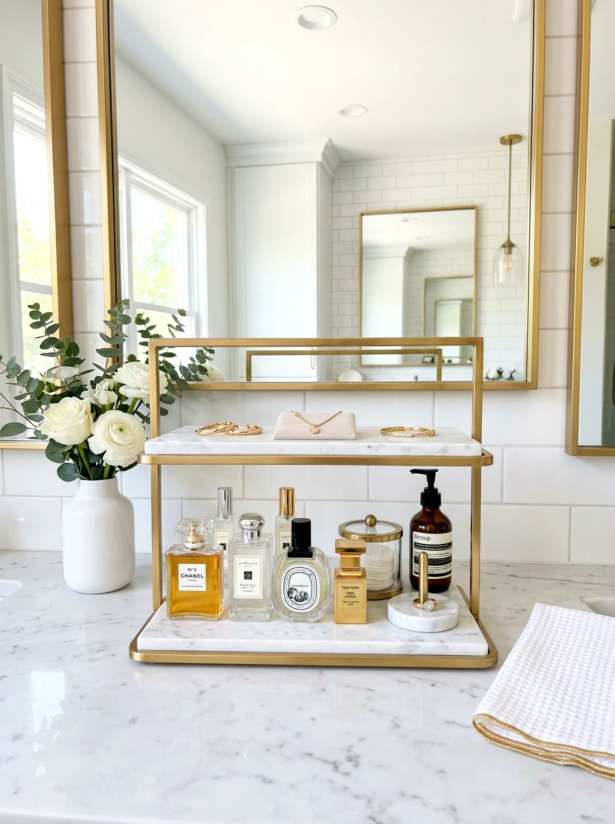 Tiered vanity tray organizer - 30 renter safe bathroom shelf ideas