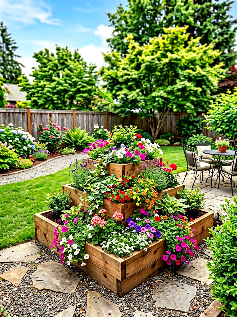 Tiered wood corner bed - 30 raised bed corner ideas