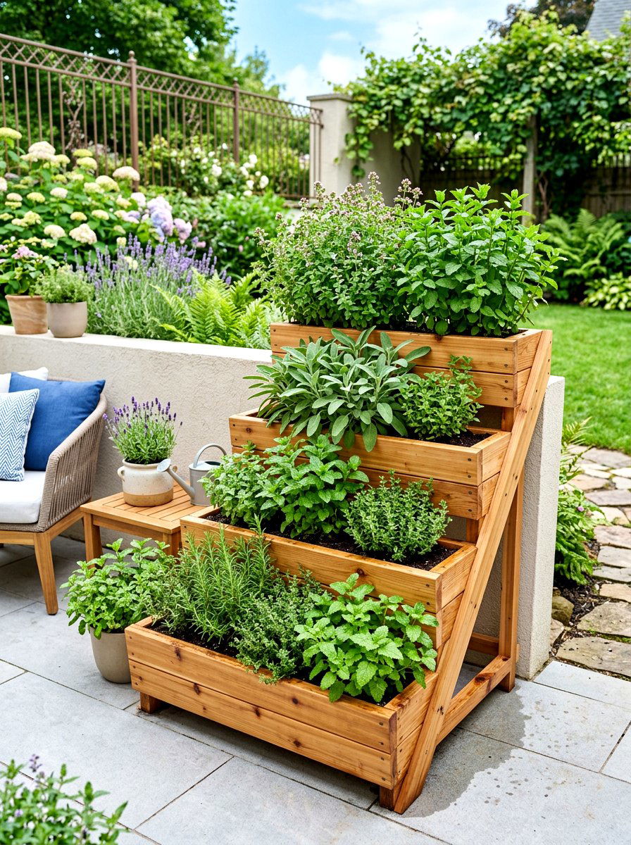 Tiered wooden herb boxes - 30 herb patio border ideas